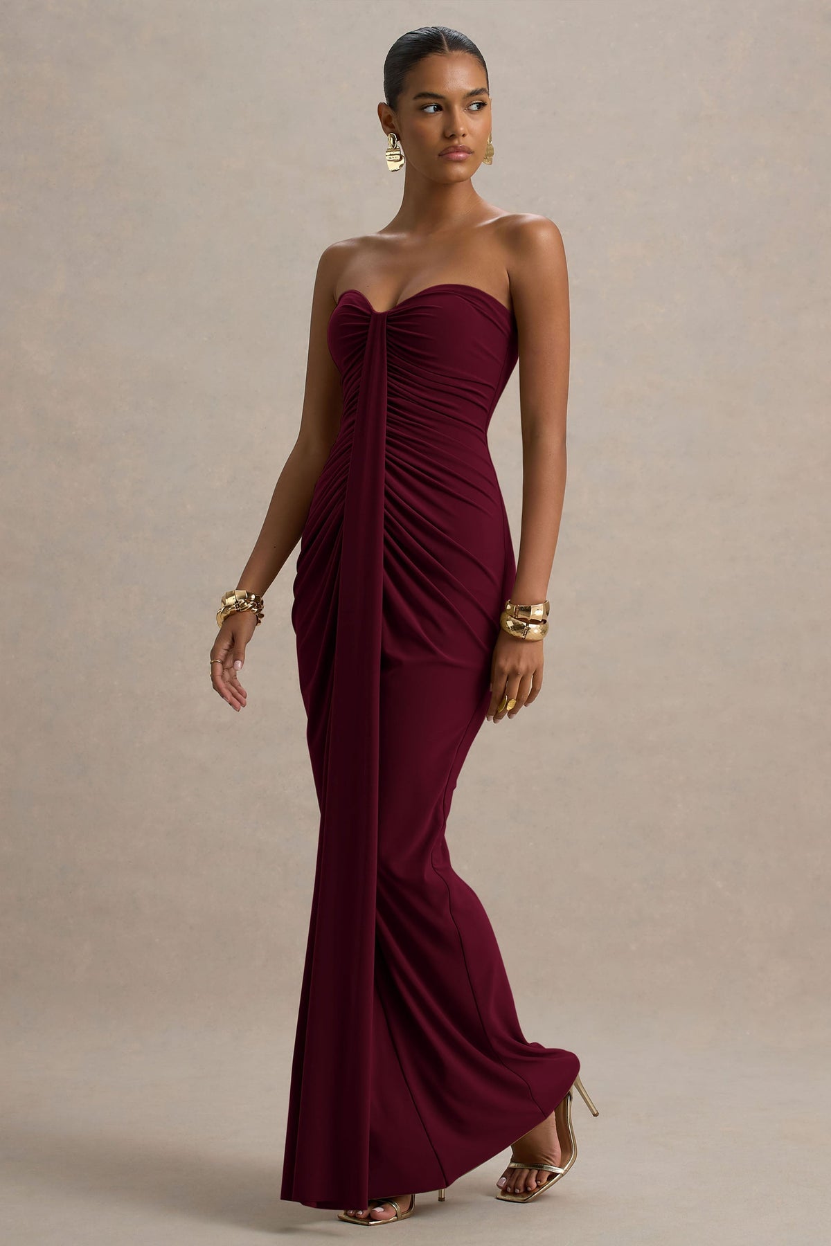 Strapless Sweetheart Ruched Center Drape Column Maxi Dress