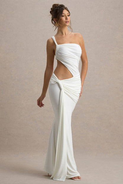 One Shoulder Ruched Side Cutout Hip Twist Drape Train Maxi Gown