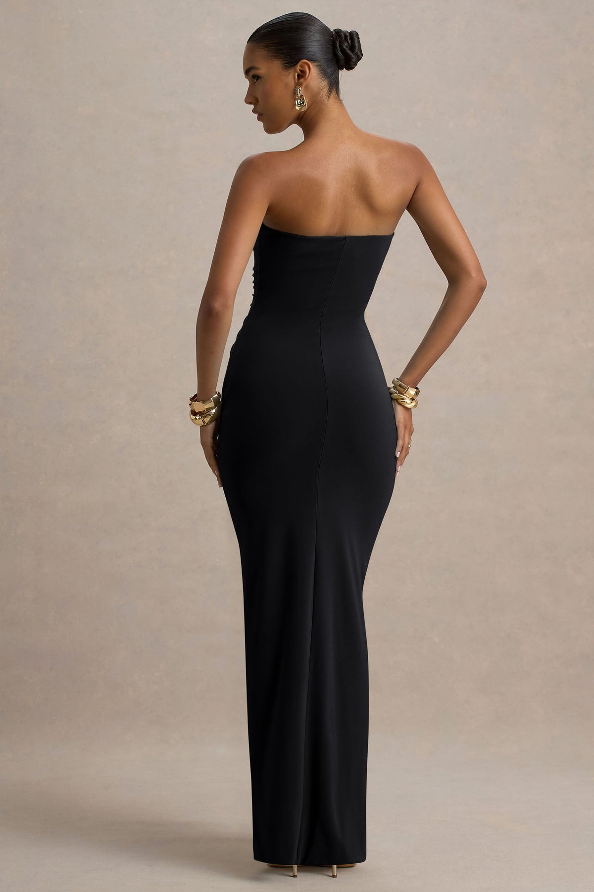 Strapless Sweetheart Ruched Center Drape Column Maxi Dress