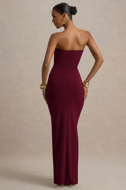 Strapless Sweetheart Ruched Center Drape Column Maxi Dress