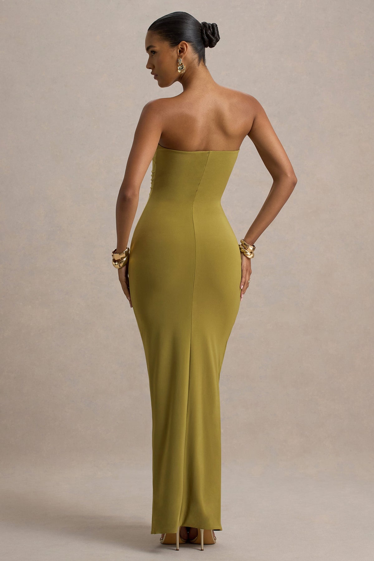 Strapless Sweetheart Ruched Center Drape Column Maxi Dress