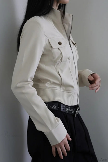 Utility Solid Color Pocket Stand Collar Waist Cinched Jacket