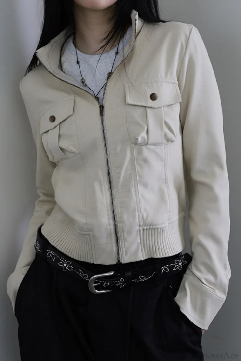 Utility Solid Color Pocket Stand Collar Waist Cinched Jacket