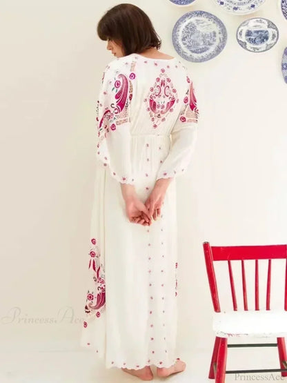 V Collar Embroidery Oversized Casual Cotton Boho Dress