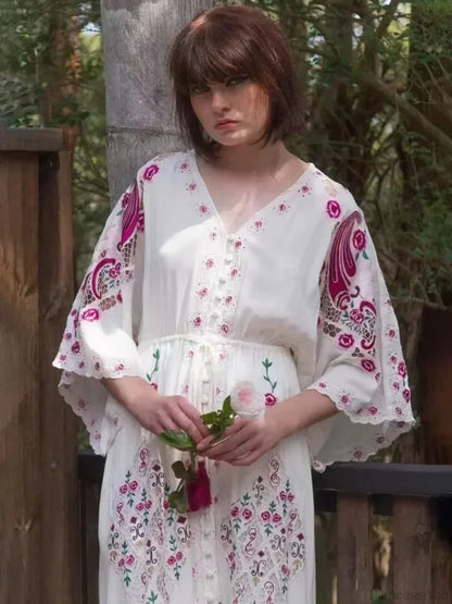V Collar Embroidery Oversized Casual Cotton Boho Dress