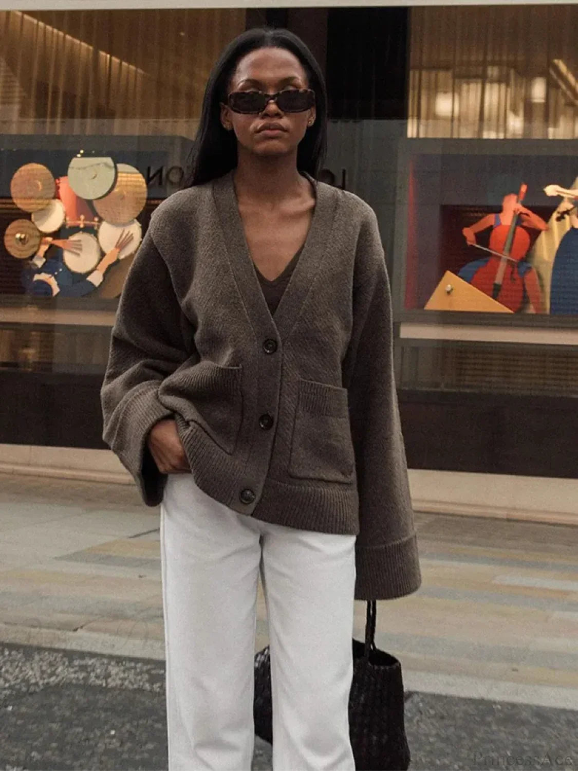 V-neck Pocket Long Sleeve Cardigan