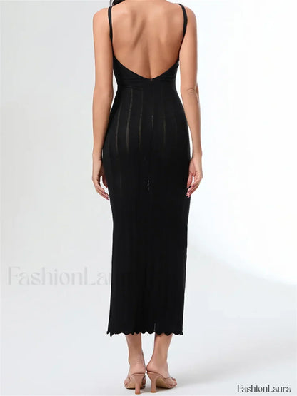 V-Neck Strap Backless Knitted Maxi Dress