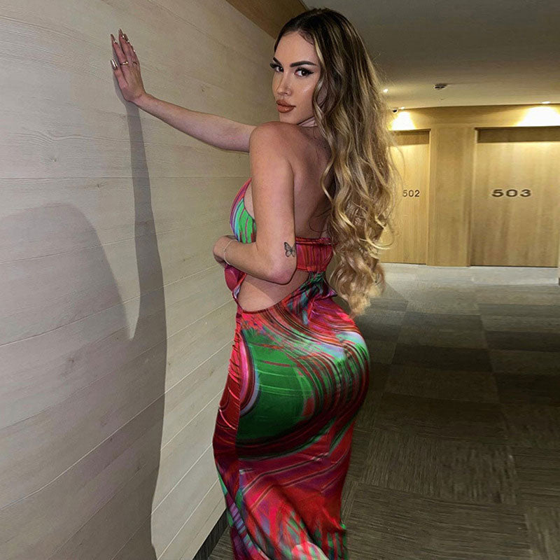 Halter Twist Front Midriff Cutout Abstract Swirl Print Bodycon Maxi Dress