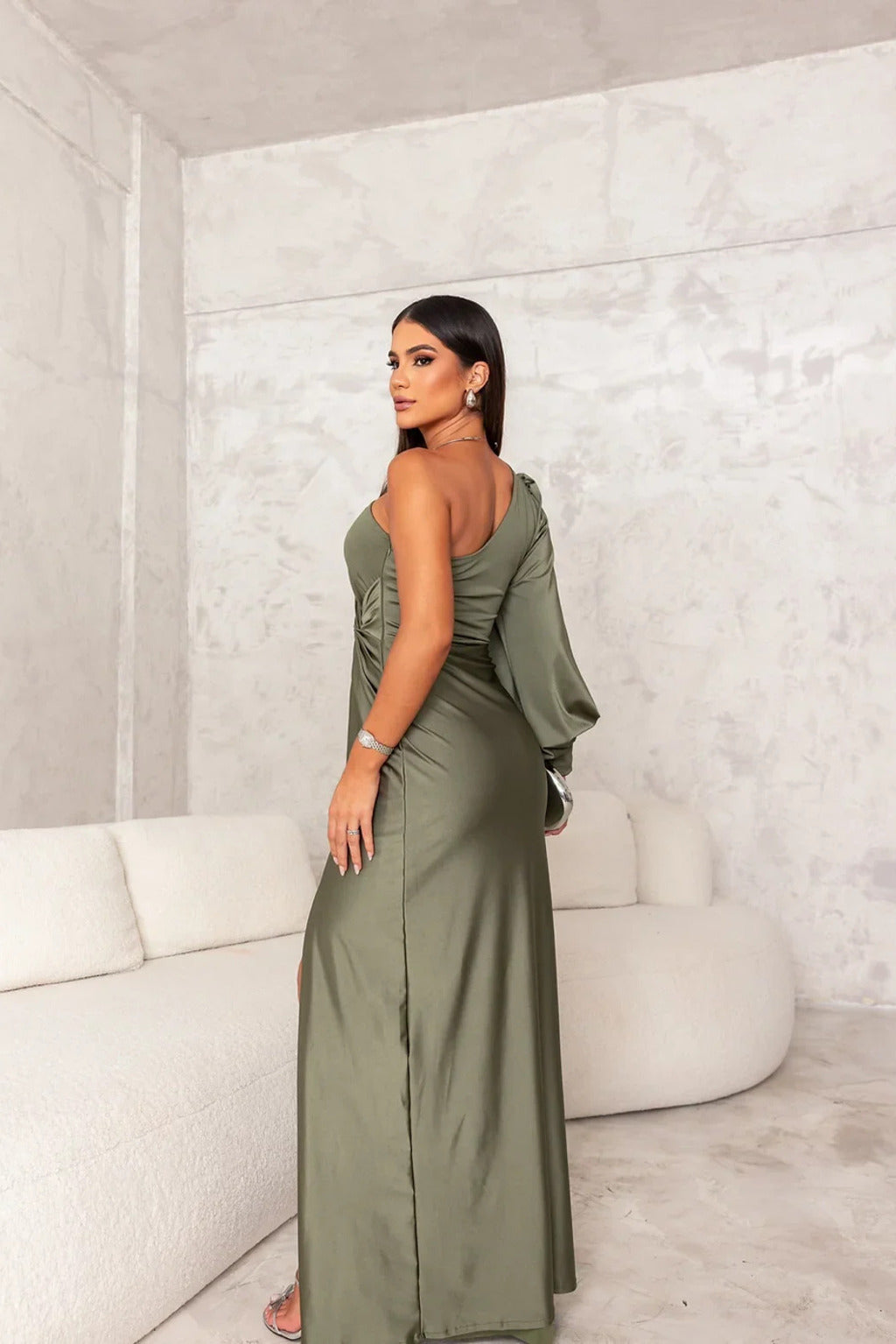 One Shoulder Draped Sleeve Ruched Waist High Slit Satin Maxi Dress