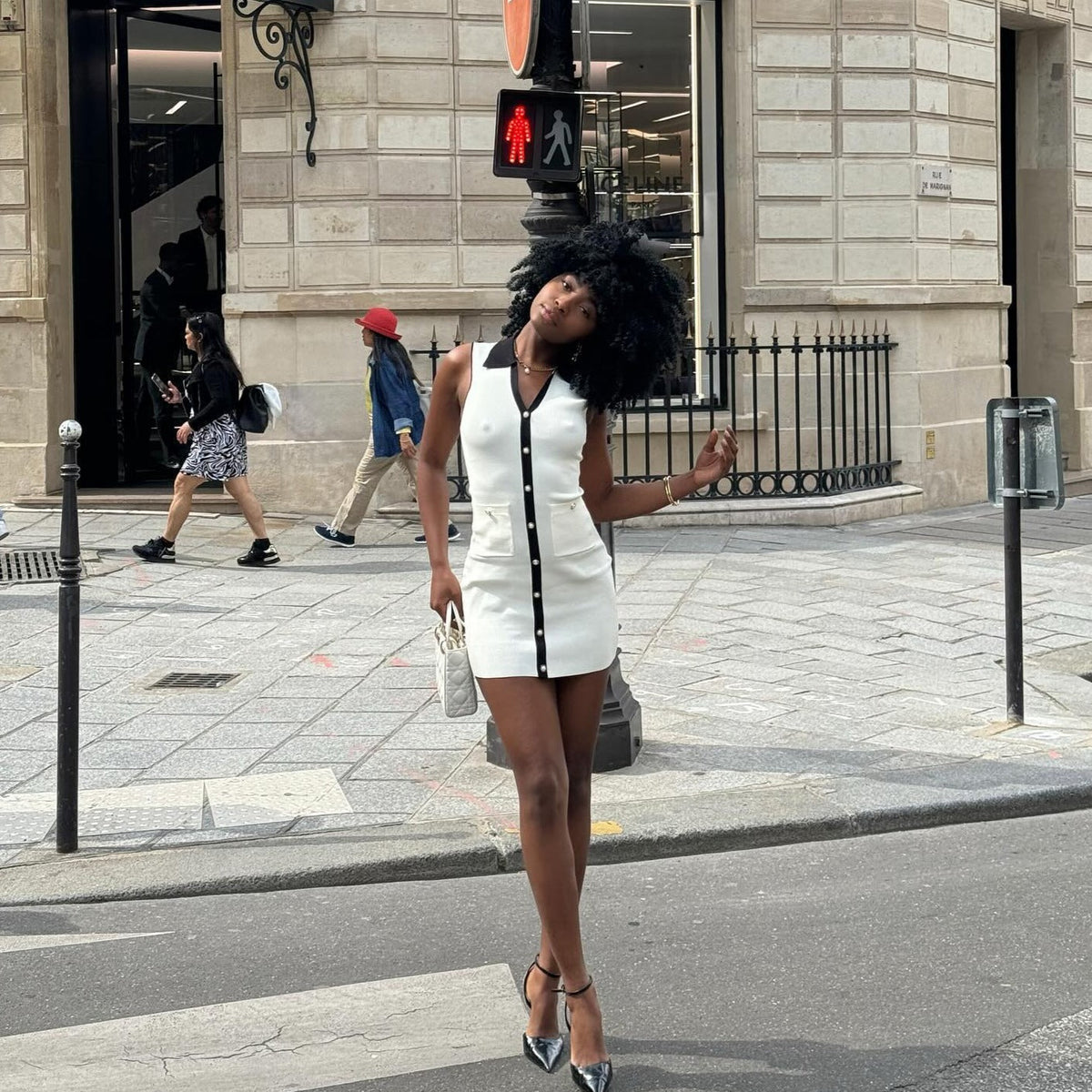 Sleeveless Contrast Collar Button Front Knit Patch Pocket Mini Dress