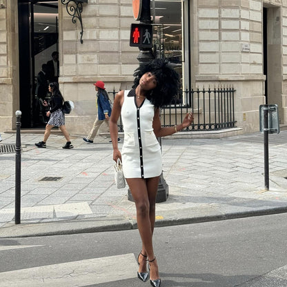 Sleeveless Contrast Collar Button Front Knit Patch Pocket Mini Dress