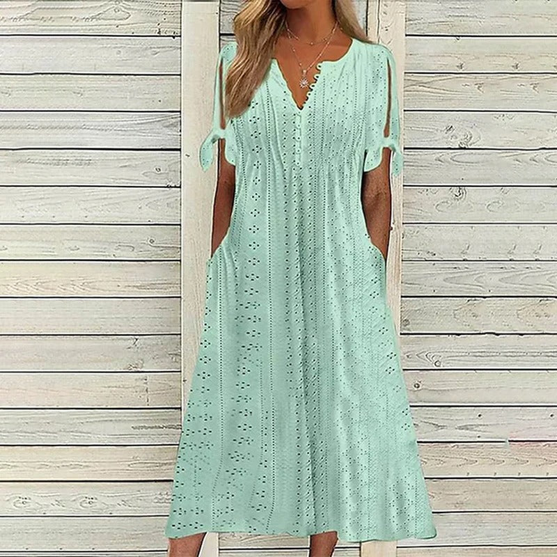 Eyelet V-Neck Button Front Slit Sleeve Tie Cuff Midi Dress