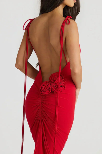 Backless Knot Draped Satin Maxi Gown