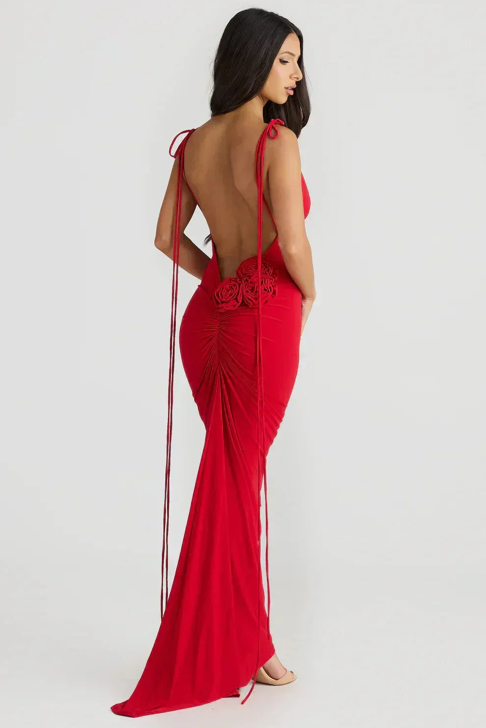 Backless Knot Draped Satin Maxi Gown