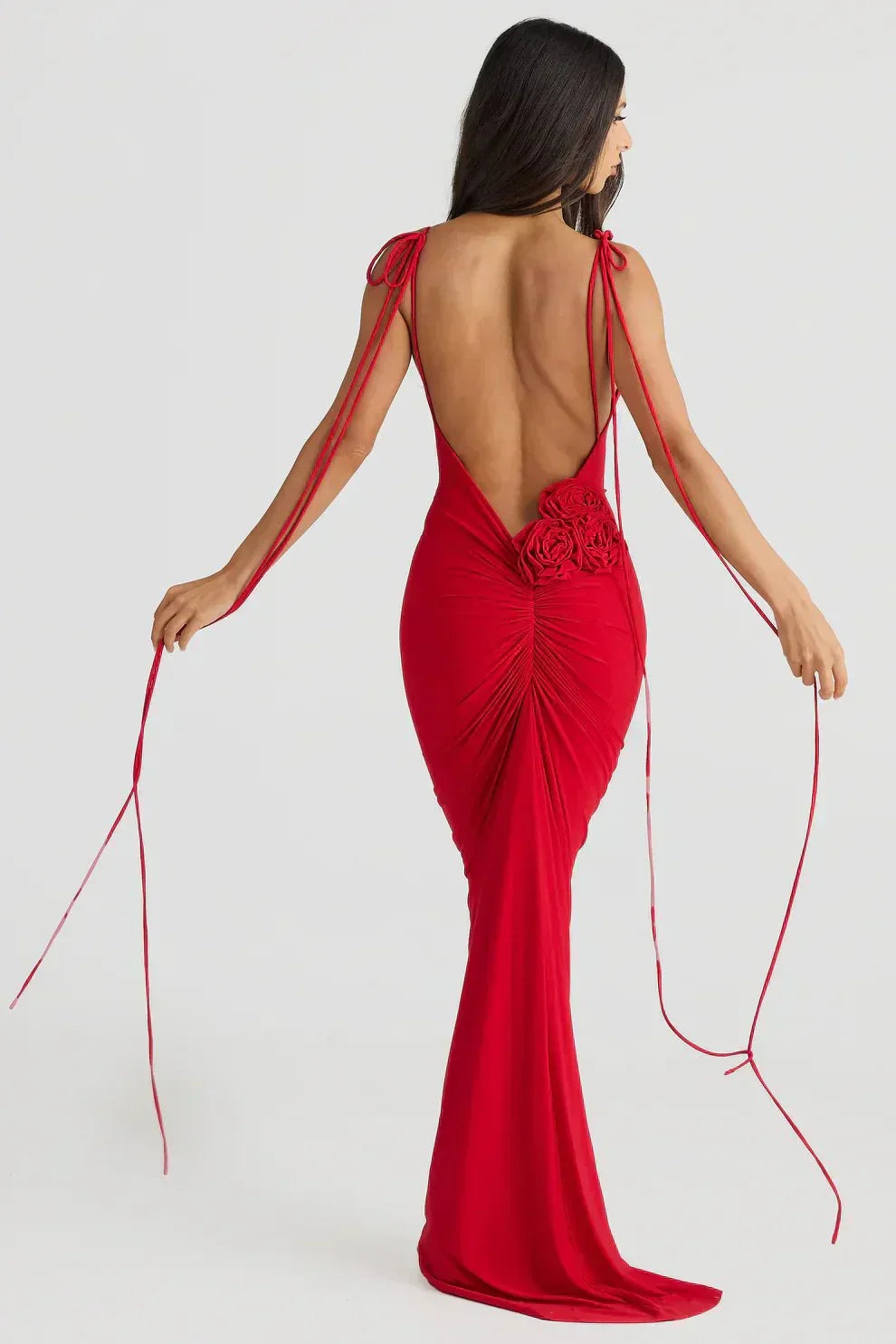 Backless Knot Draped Satin Maxi Gown