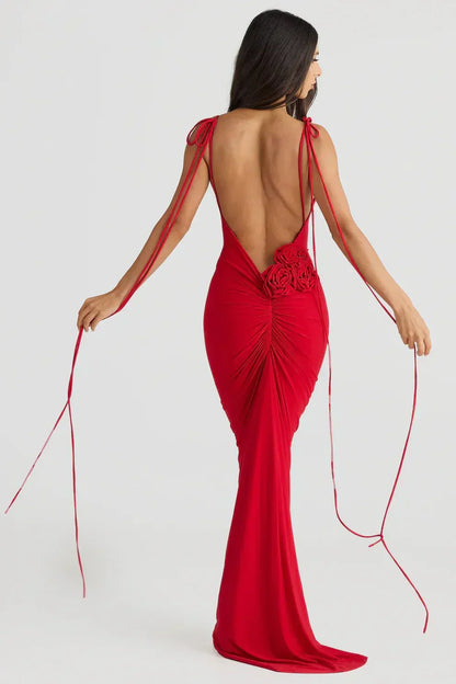 Backless Knot Draped Satin Maxi Gown