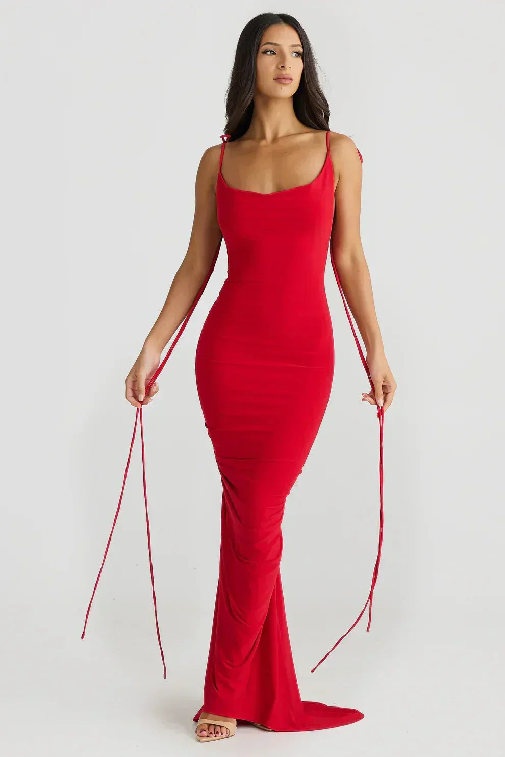 Backless Knot Draped Satin Maxi Gown