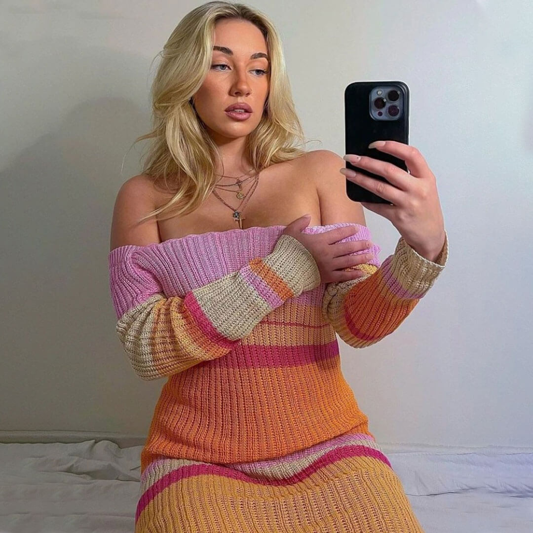 Scalloped Scoop Neck Rib Knit Horizontal Stripe Bodycon Midi Dress