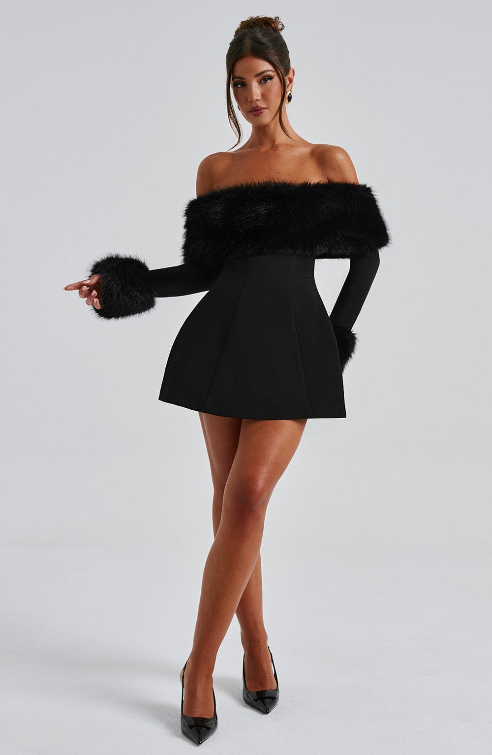 Off Shoulder Faux Fur Trim Long Sleeve Structured Mini Dress