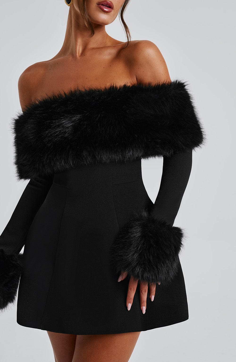 Off Shoulder Faux Fur Trim Long Sleeve Structured Mini Dress