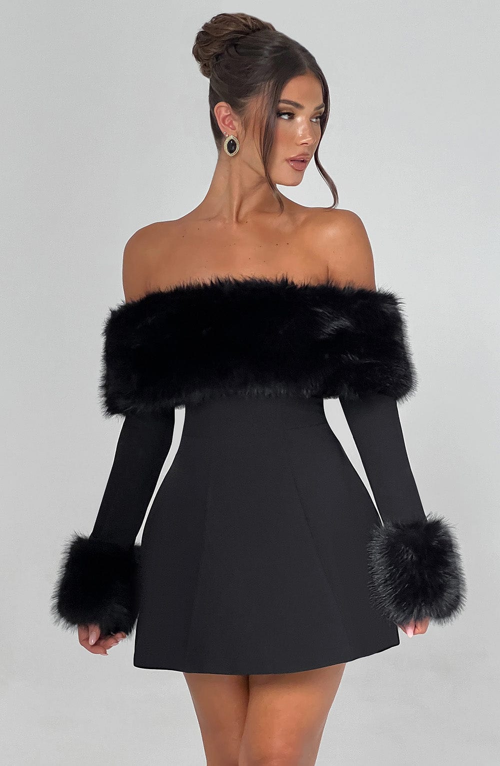 Off Shoulder Faux Fur Trim Long Sleeve Structured Mini Dress