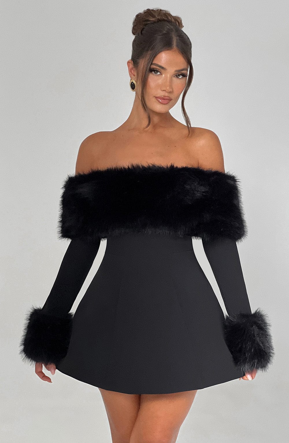 Off Shoulder Faux Fur Trim Long Sleeve Structured Mini Dress