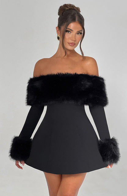 Off Shoulder Faux Fur Trim Long Sleeve Structured Mini Dress