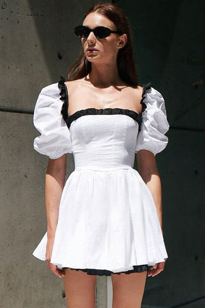 Contrast Ruffle Trim Square Neck Puff Sleeve Fit and Flare Mini Dress