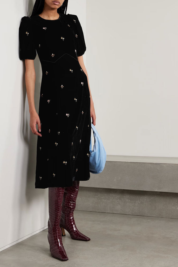Floral Embroidered Puff Sleeve Crew Neck Velvet Midi Dress