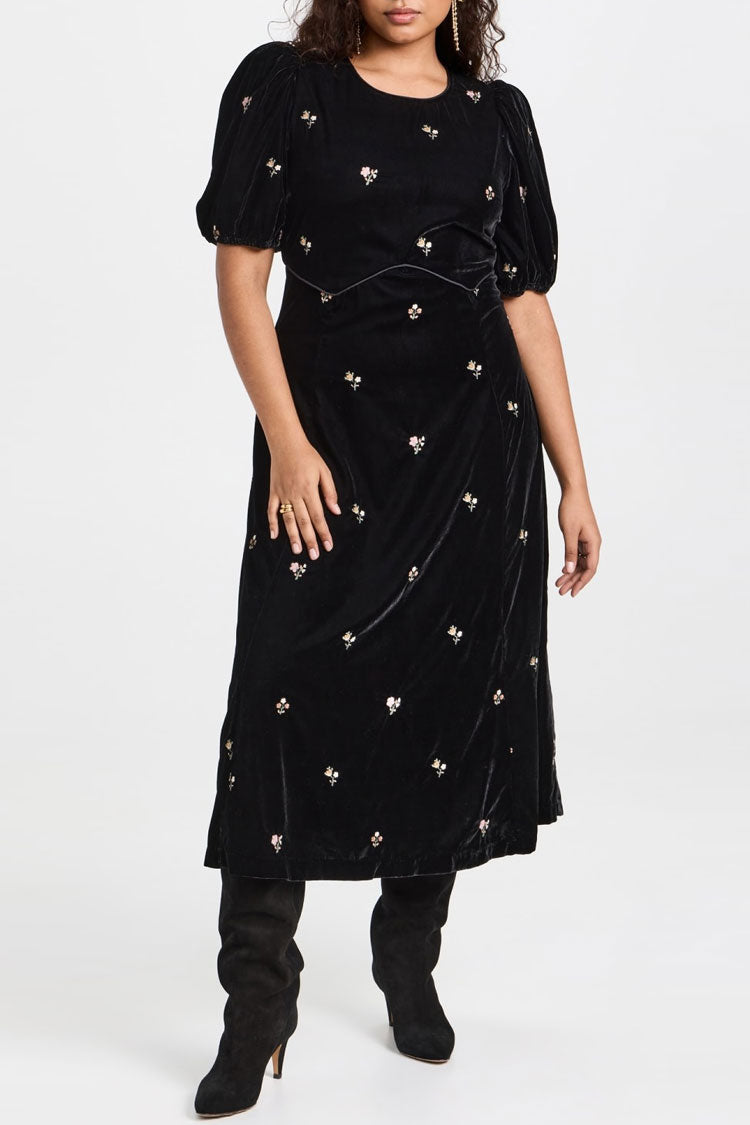 Floral Embroidered Puff Sleeve Crew Neck Velvet Midi Dress