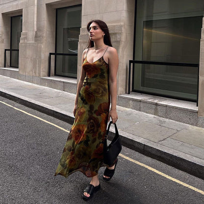 Spaghetti Strap V-Neck Large Floral Print Slip A-Line Maxi Dress