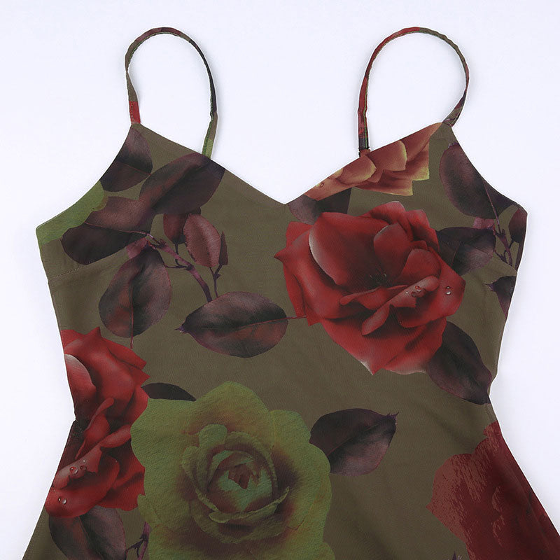 Spaghetti Strap V-Neck Large Floral Print Slip A-Line Maxi Dress
