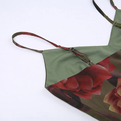 Spaghetti Strap V-Neck Large Floral Print Slip A-Line Maxi Dress