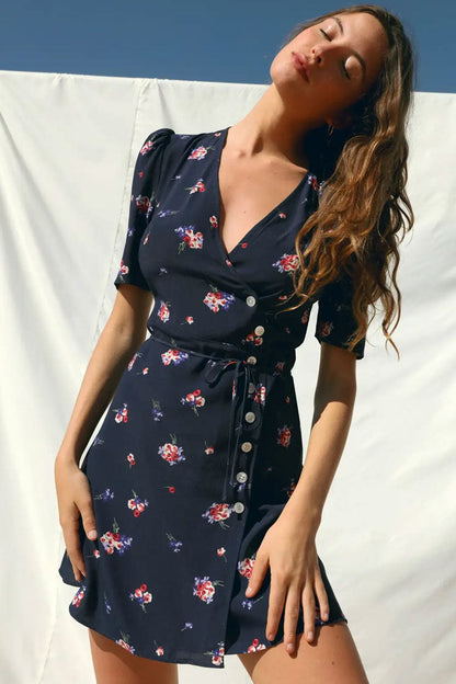 Floral Print V-Neck Wrap Tie-Waist Button Side Puff Sleeve Mini Dress