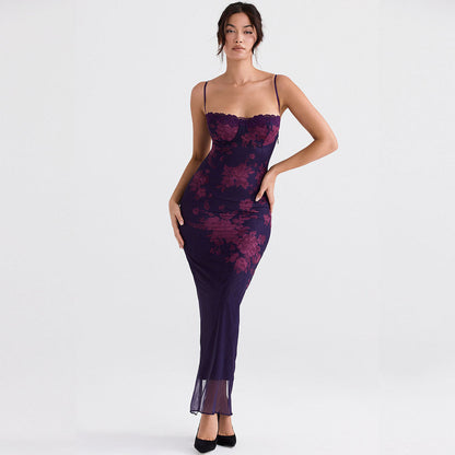 Sweetheart Spaghetti Strap Floral Print Lace Trim Bustier Mesh Hem Maxi Dress