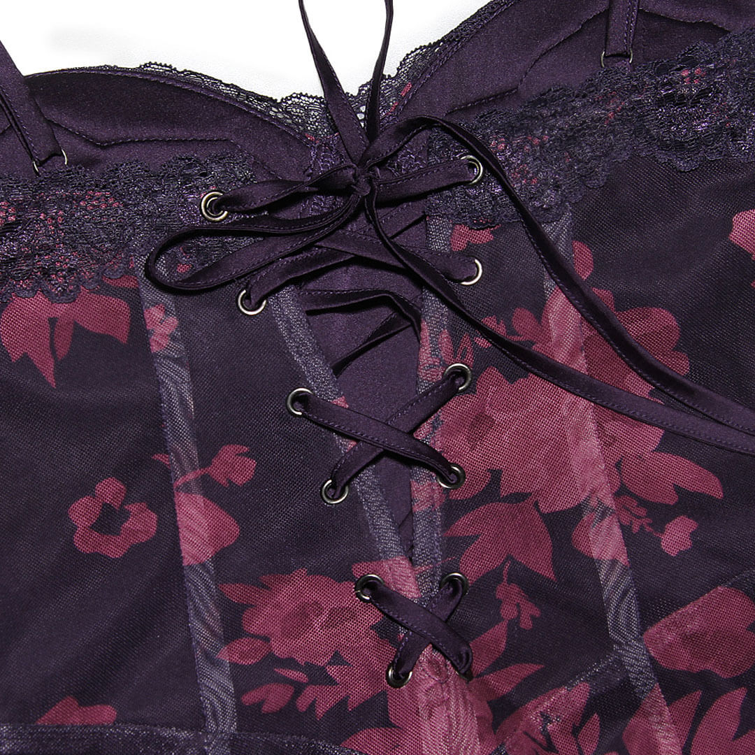 Sweetheart Spaghetti Strap Floral Print Lace Trim Bustier Mesh Hem Maxi Dress