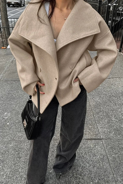Vintage Khaki Double Breasted Thickened Wool Blend Coat