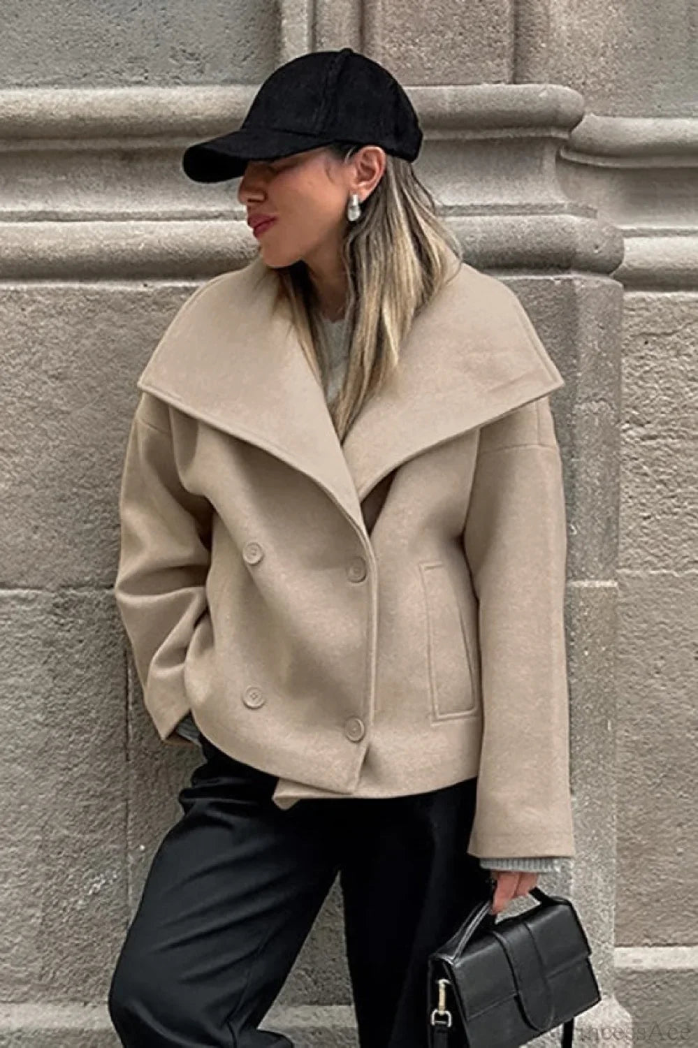 Vintage Khaki Double Breasted Thickened Wool Blend Coat