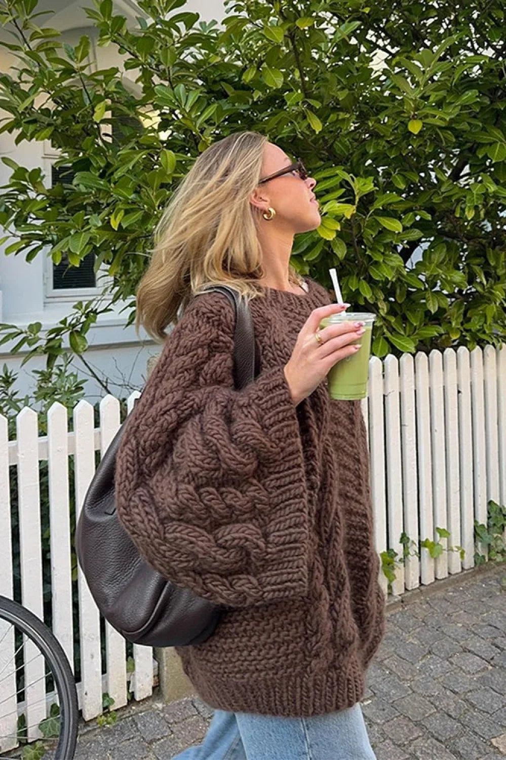 Vintage Loose Comfortable Crew Neck Wide Sleeve Cable Sweater