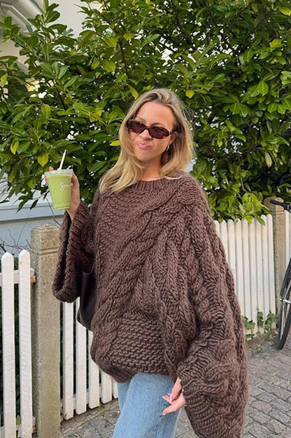 Vintage Loose Comfortable Crew Neck Wide Sleeve Cable Sweater
