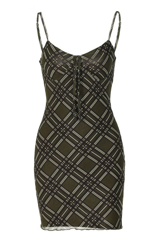 Plaid Sweetheart Tie Front Spaghetti Strap Bodycon Mini Dress