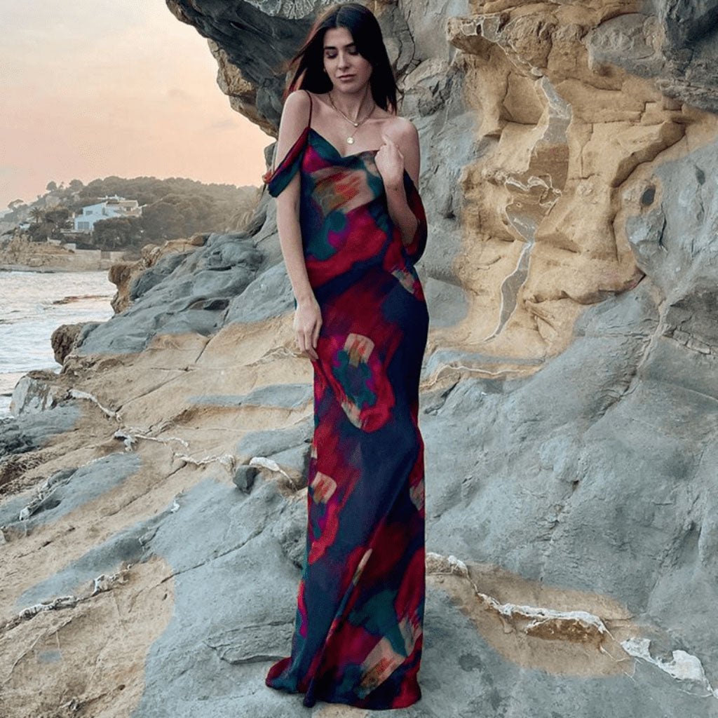 Cowl Neck Spaghetti Strap Cold Shoulder Abstract Watercolor Print Maxi Dress