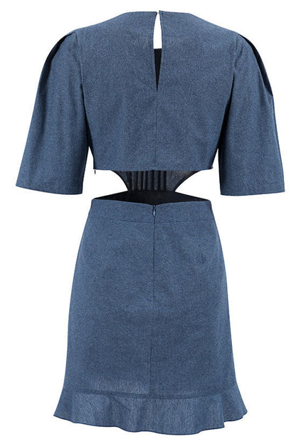 Denim Puff Sleeve Pintuck Bodice Side Cut Out Ruffle Hem Mini Dress