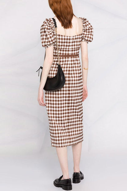 Puff Sleeve Square Neck Gingham Check Button Front Tie Waist Midi Dress