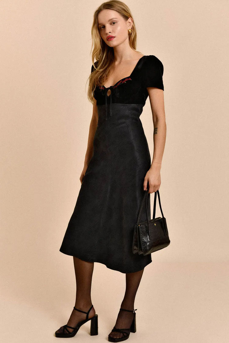 Velvet Puff Sleeve Keyhole Floral Embroidery Jacquard Empire Midi Dress