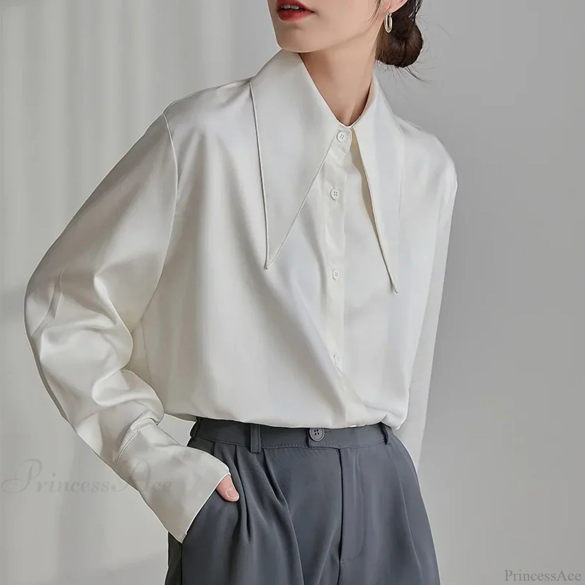 Vintage Satin Silk Turn Down Collar Blouse