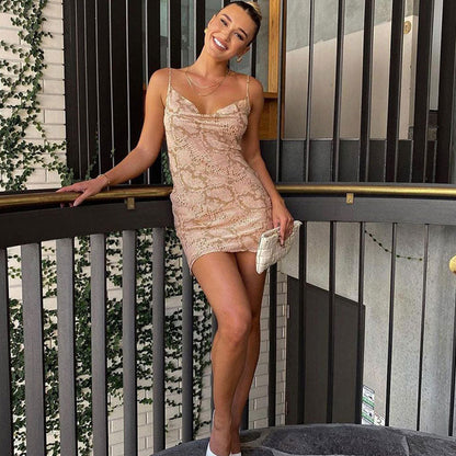 Cowl Neck Spaghetti Strap Snakeskin Print Slip Mini Dress