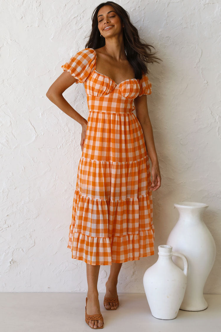 Gingham Check Puff Sleeve Sweetheart Neck Tiered Midi Dress