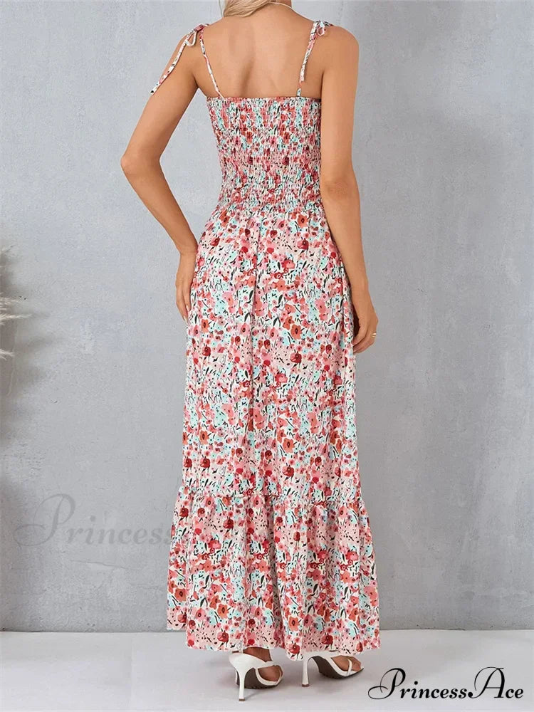 Vintage Women Sleeveless Tie-up Spaghetti Strap Floral Print Summer Party Beach Female Vestidos