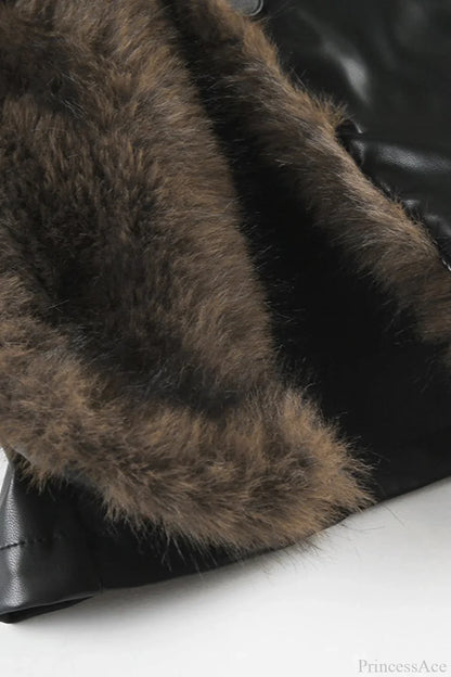 Vintage Y2K Furry Collar Leather Waist - Cinching Jacket